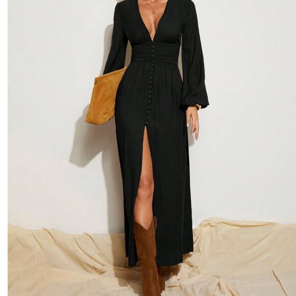 High Slit Deep V Maxi Dress Flowy Green - Picture 7 of 12